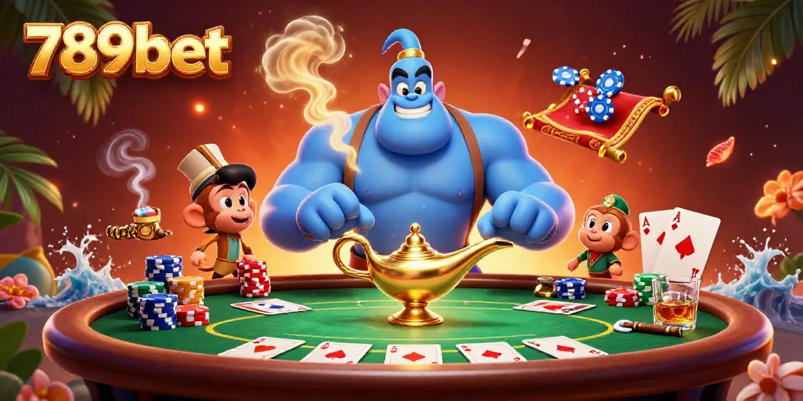 Experience thrilling poker action with 789bet, featuring a dynamic 3D scene of a genie and poker chips.