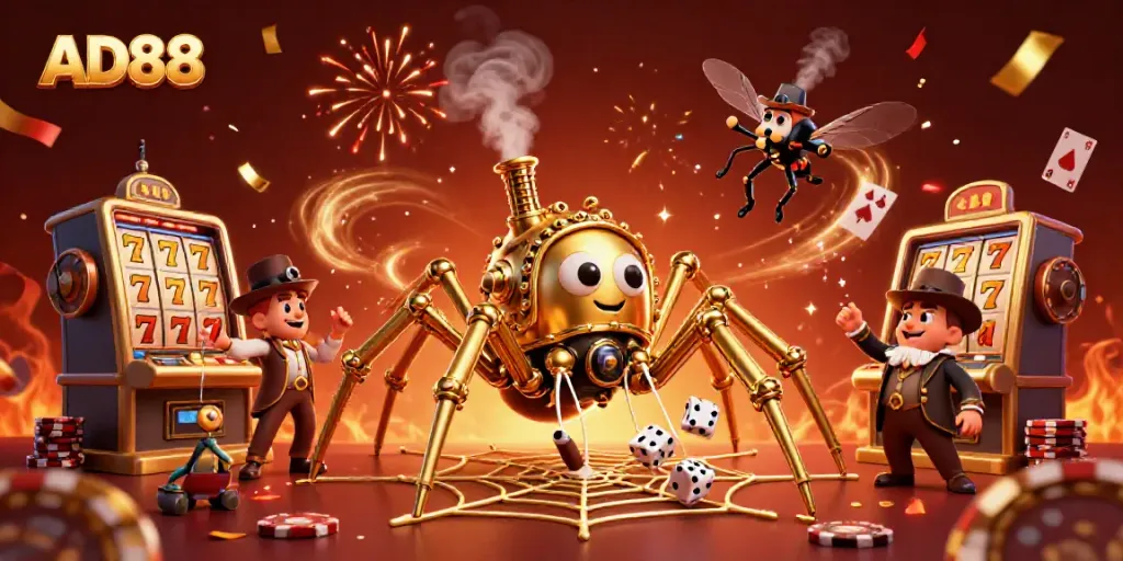 Experience the thrill of AD88 with an adventurous casino scene of a golden spider and poker elements.