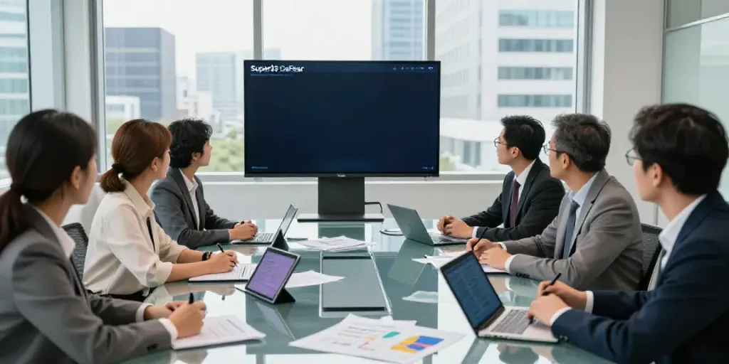 Dynamic conference room discussion on Super33 Daftar trends with diverse professionals.