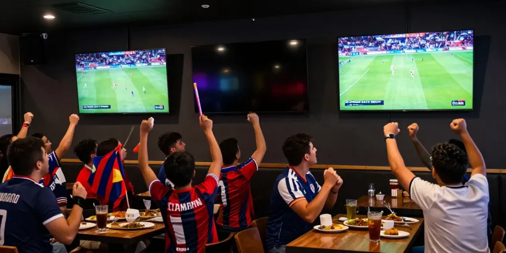 CAKHIATV Full HD soccer coverage with updated scores and results displayed in a lively sports bar during a match.