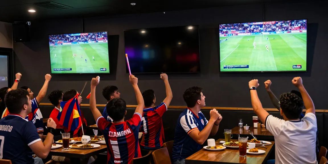 CAKHIATV Full HD soccer coverage with updated scores and results displayed in a lively sports bar during a match.