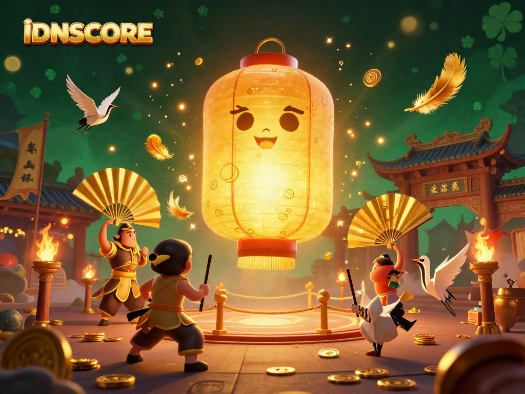 IDNSCORE night market casino scene with glowing lantern spirit and lucky symbols.