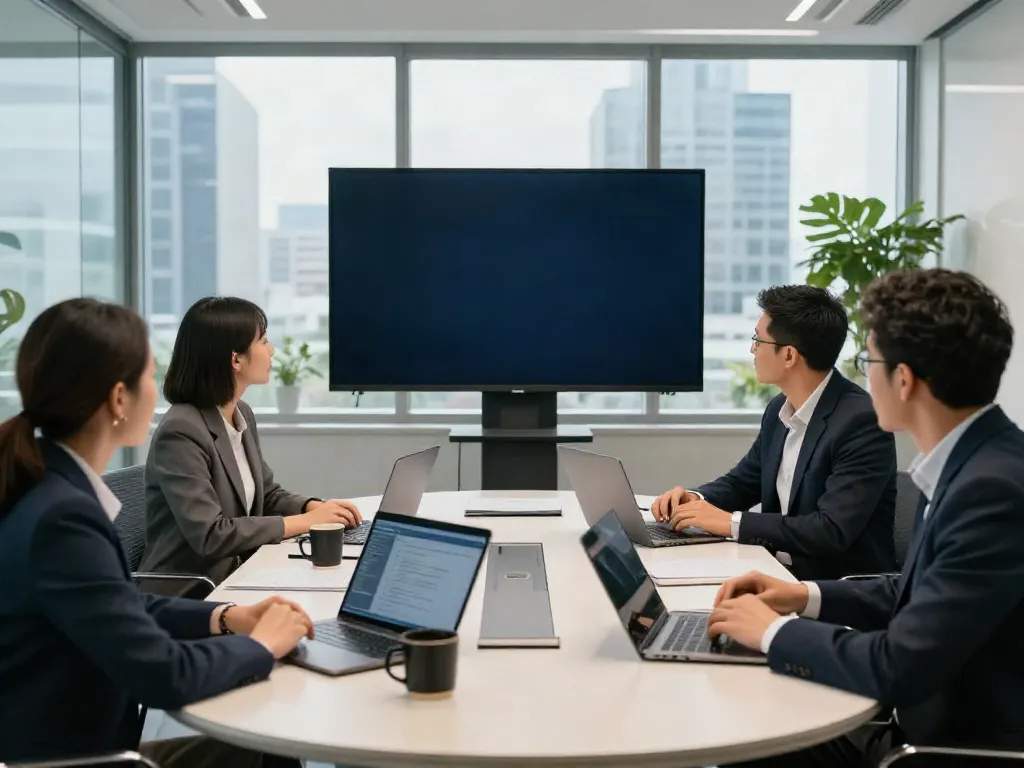 Deepfake protected meetings collaboration in a contemporary corporate setting, showcasing a diverse team discussing strategies.