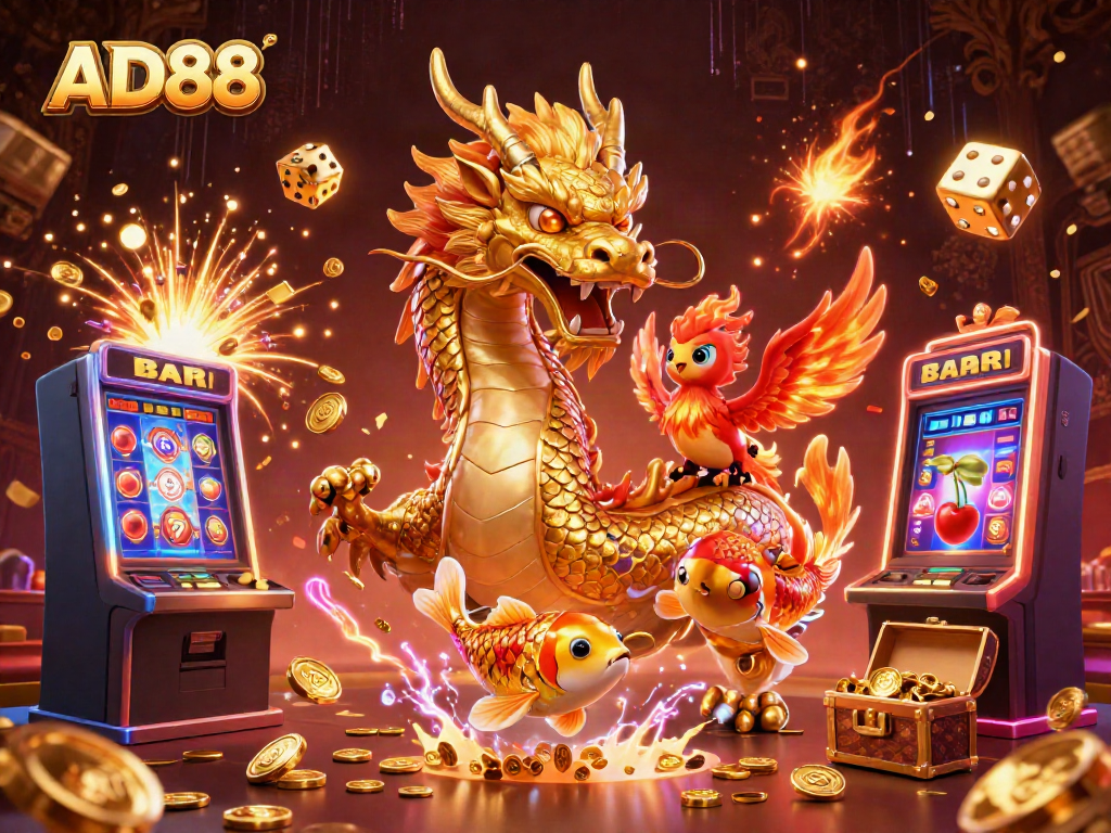 Experience thrilling AD88 gaming adventures with a golden dragon, phoenix, and koi fish surrounded by vibrant casino elements.
