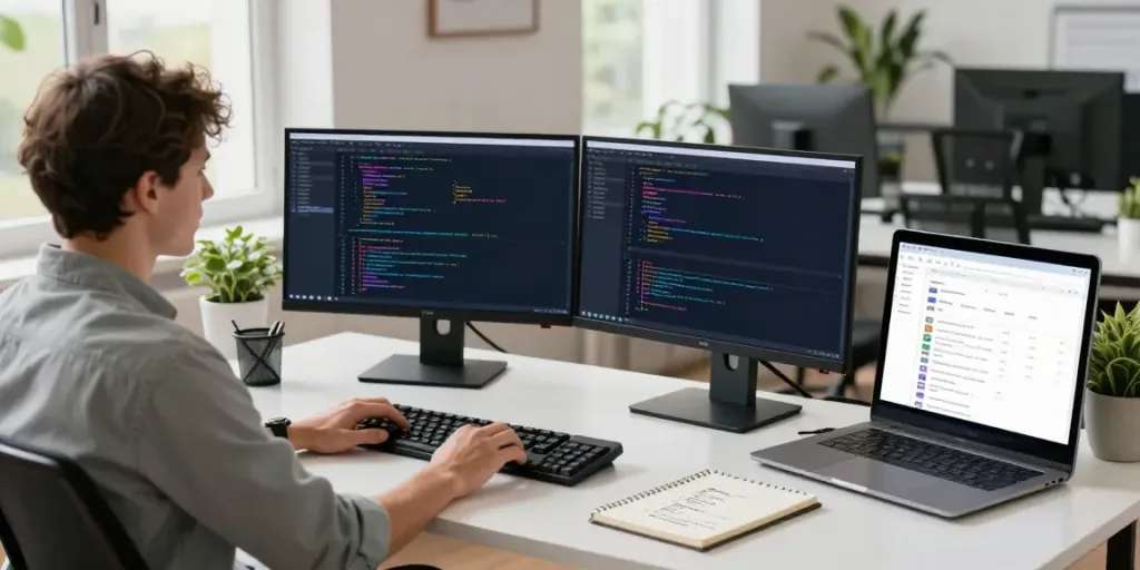 Developer working with apk code in a modern tech workspace
