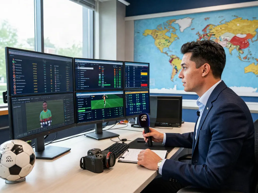 Football news expert analyzing transfer updates in a vibrant studio.