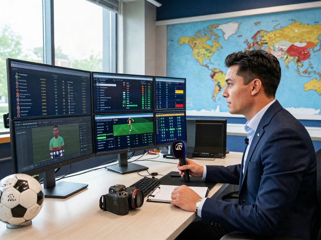 Football news expert analyzing transfer updates in a vibrant studio.