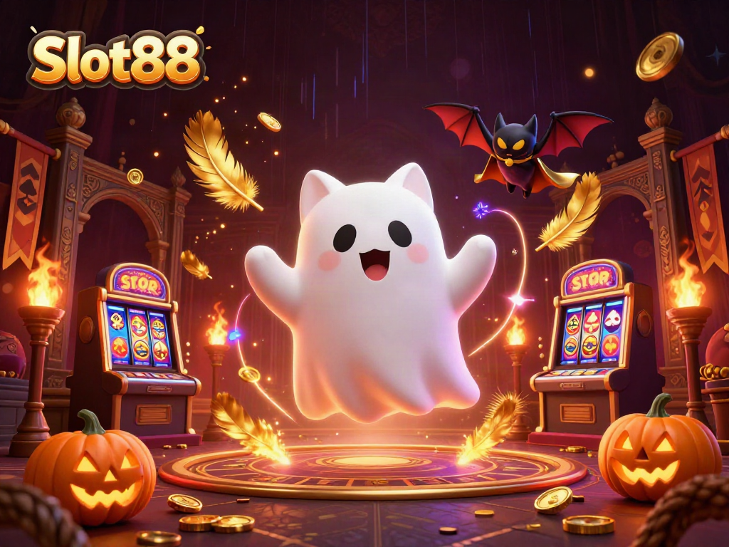 Experience Slot88 with a friendly ghost cat and vampire bat in a haunted casino setting.