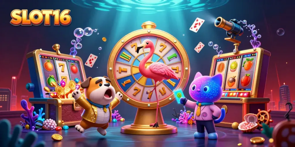 SLOT16 captivates with a lively scene of a flamingo host spinning a prize wheel amidst vibrant casino-themed elements.