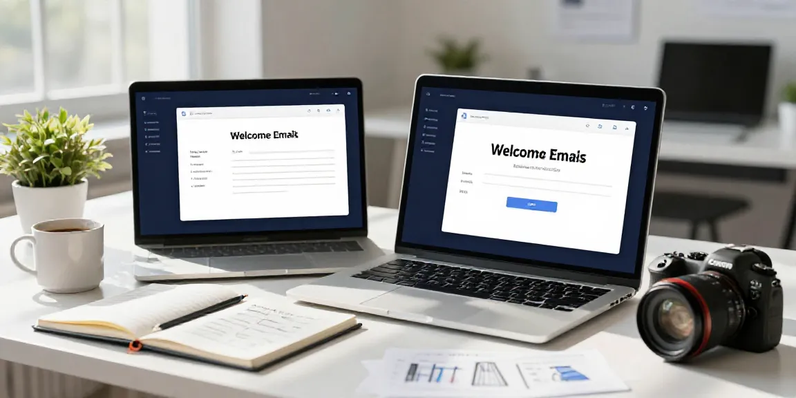 Generate welcome emails with AI in a bright workspace featuring a marketer using AI tools.