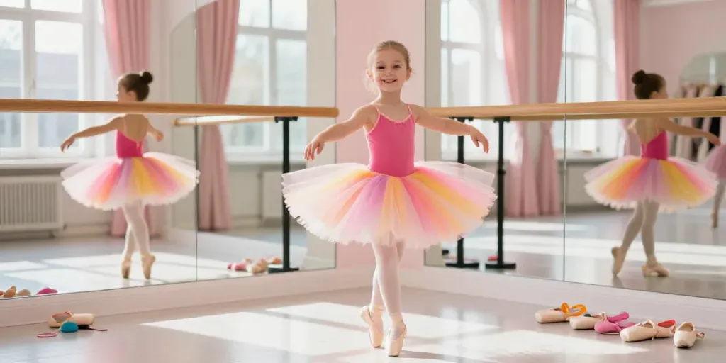 Young girl in vibrant tutu twirling in a ballet studio, showcasing a tutu store atmosphere.