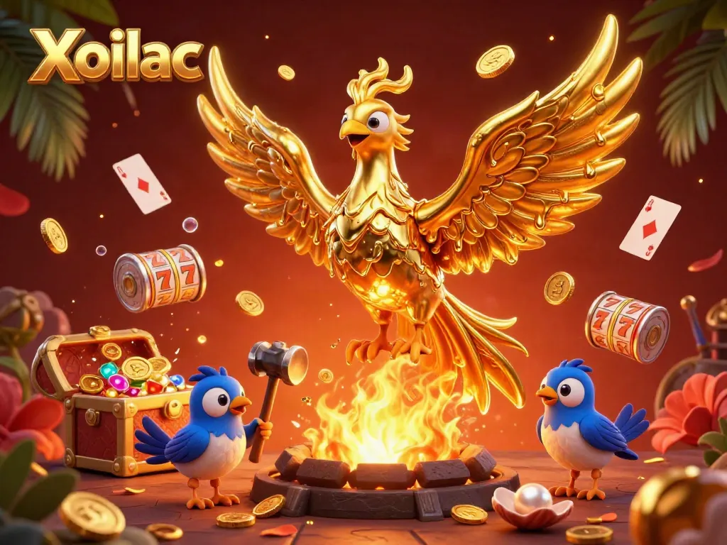 Xoilac slots experience featuring a golden phoenix and intriguing game elements for an engaging casino atmosphere