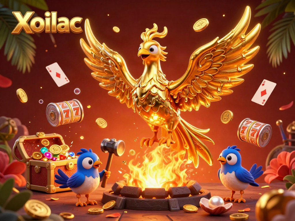 Xoilac slots experience featuring a golden phoenix and intriguing game elements for an engaging casino atmosphere