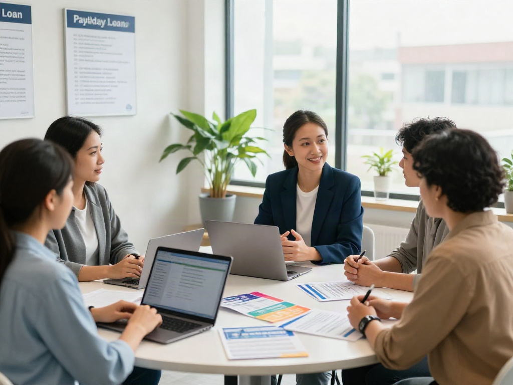 Clients discussing payday loans in a friendly office at https://alberta.paydayloans-on.ca/.