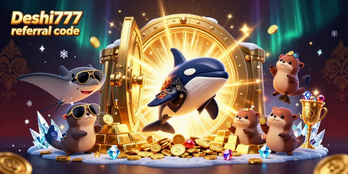 Orca whale in a biker jacket, stingray, and otters with coins celebrating the Deshi777 referral code!
