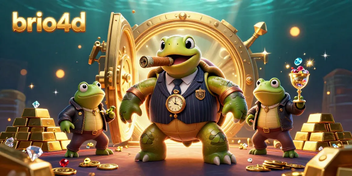 Experience thrilling wins with brio4d: A lively scene featuring a turtle mobster and bullfrog enforcers amidst treasure.