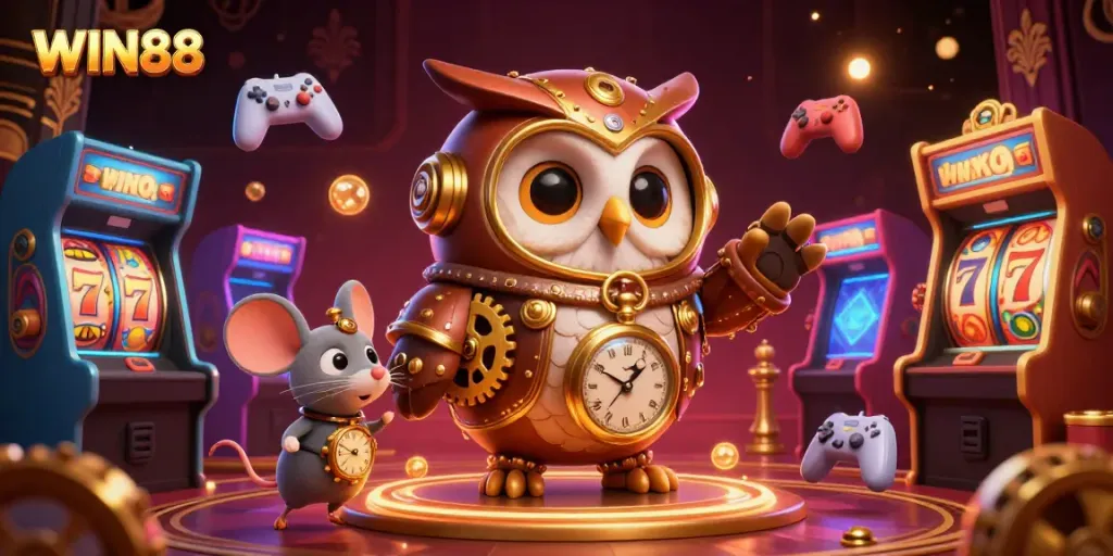 Experience thrilling gaming action with WIN88, showcasing vibrant slots and dynamic 3D characters.