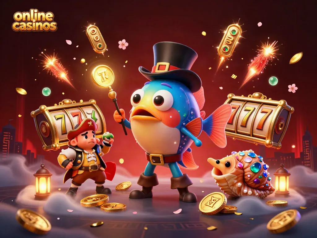 Experience thrilling moments at online casinos with vibrant characters attracting golden coins amidst slot reels and festive elements.