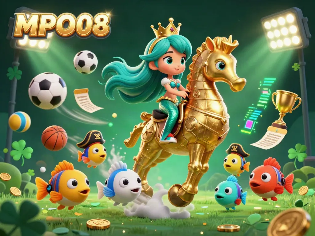 Experience the vibrant world of MPO08 with a mermaid princess and golden seahorse in a dynamic casino scene.