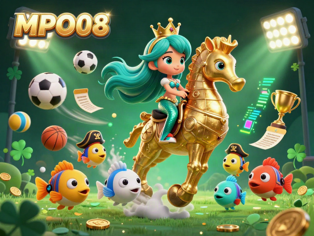 Experience the vibrant world of MPO08 with a mermaid princess and golden seahorse in a dynamic casino scene.