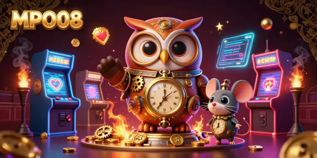 MPO08 showcases a whimsical scene of a time-traveling owl amidst vibrant casino elements, enhancing online gaming excitement.