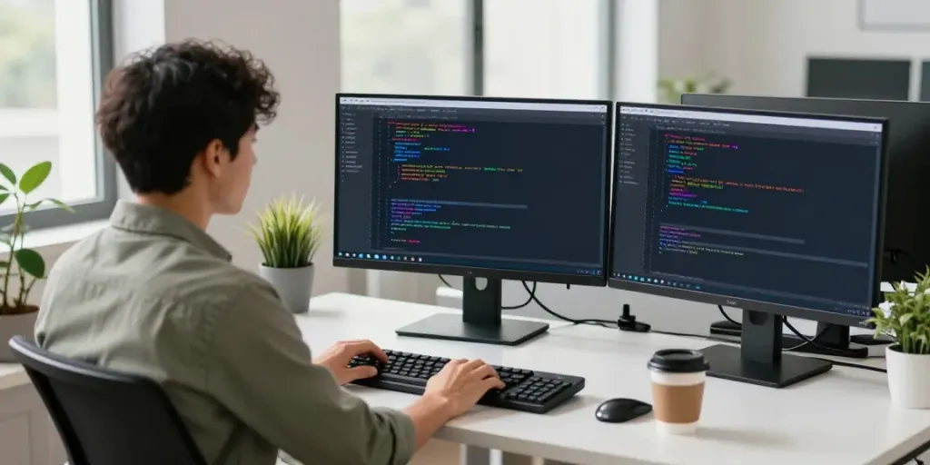Developer using Notepad++ with syntax highlighting in a bright workspace.
