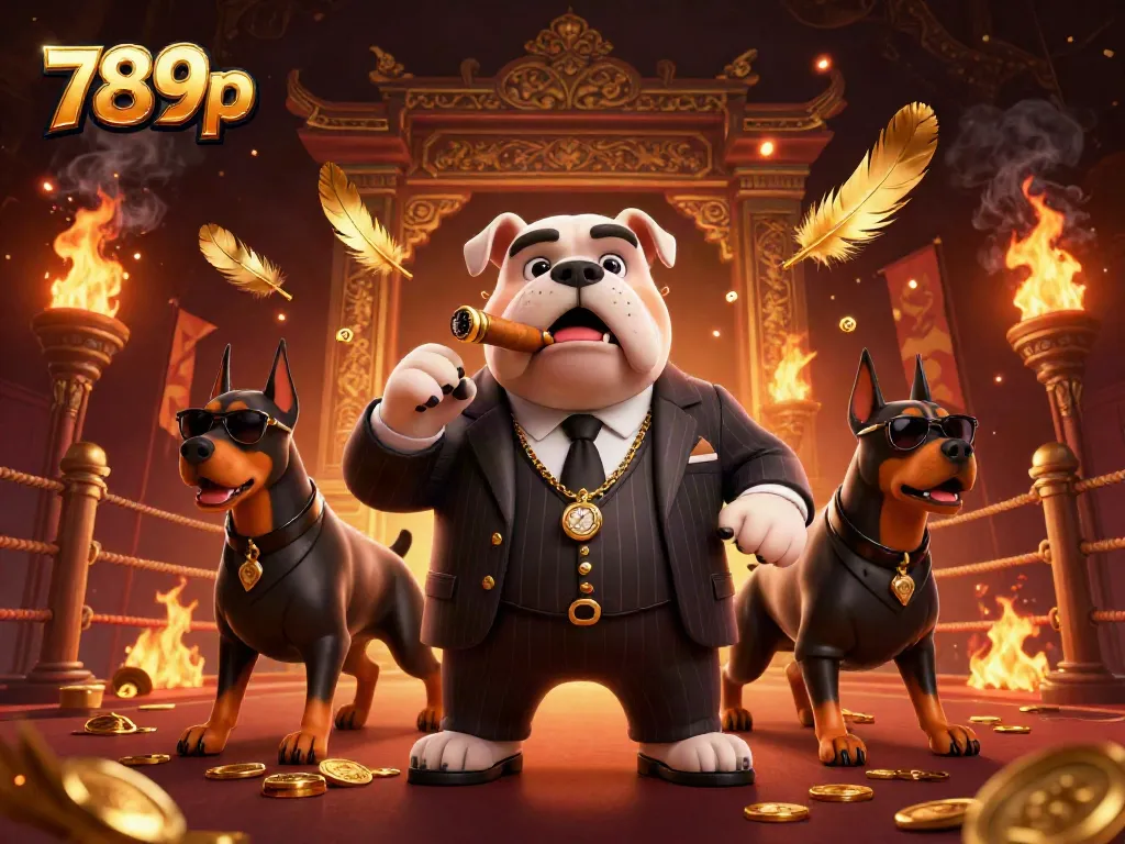 Experience thrilling gambling with 789p in a vibrant, dynamic 3D casino scene featuring a mafia bulldog and bodyguard Doberman.