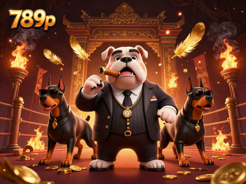 Experience thrilling gambling with 789p in a vibrant, dynamic 3D casino scene featuring a mafia bulldog and bodyguard Doberman.