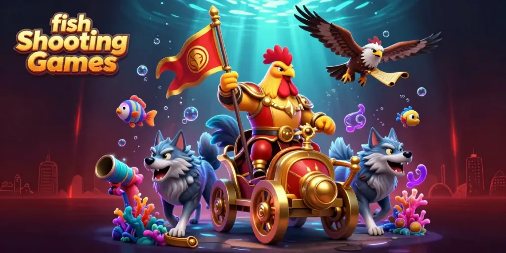 Engage in fish Shooting Games with a vibrant underwater scene featuring a rooster warlord, fierce wolves, and immersive gaming elements.