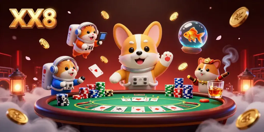 Experience the thrill of XX8 in a dazzling space casino, with floating poker chips and vibrant characters.