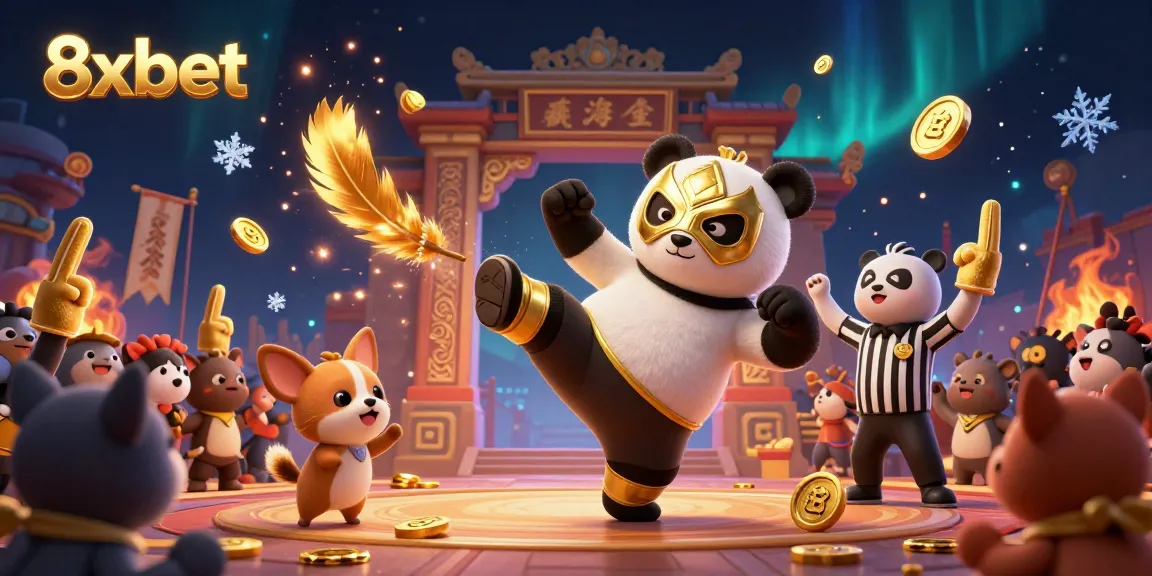 Experience the thrill of 8xbet with a panda wrestler and animal fans in a vibrant casino-themed scene.