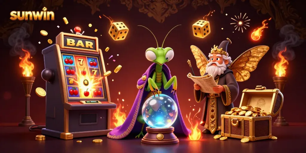 Experience the thrill of gaming with sunwin's 3D digital illustration showcasing vibrant casino elements.