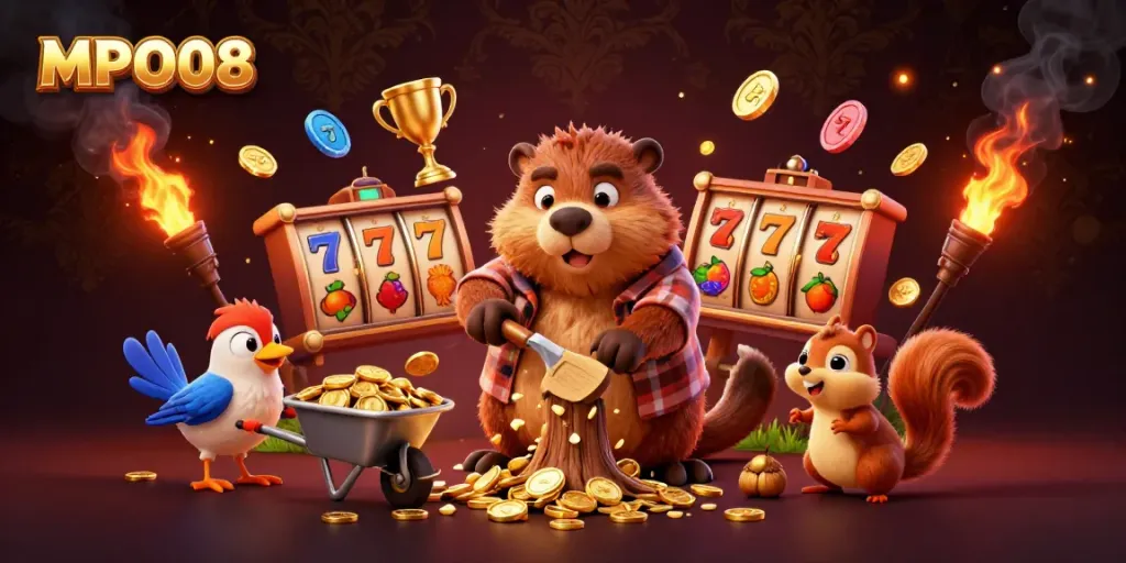 MPO08 shows a vibrant online casino scene with a beaver, bird, and squirrel collecting golden coins amidst slot machine elements.