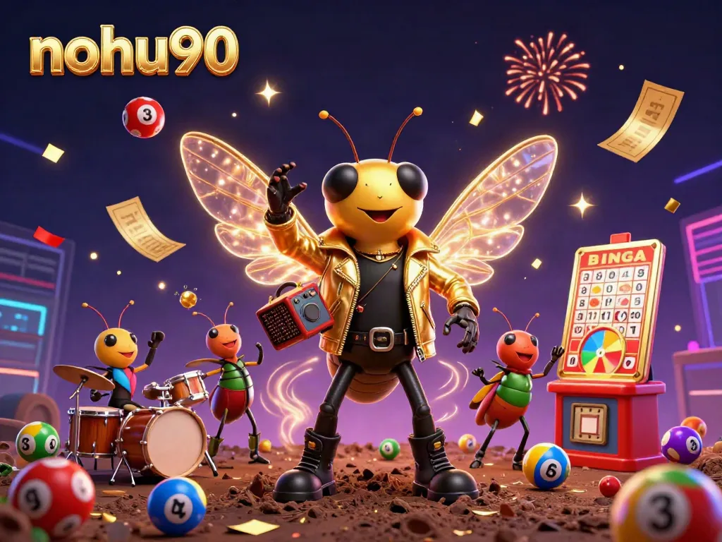 Experience vibrant gaming excitement with nohu90 as a rock star cicada and friends celebrate surrounded by colorful casino dynamics.