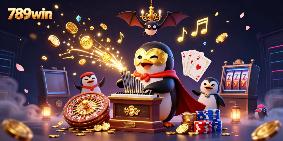 Engage in thrilling gameplay at 789win as the whimsical penguin generates golden coins from the organ amidst casino splendor.