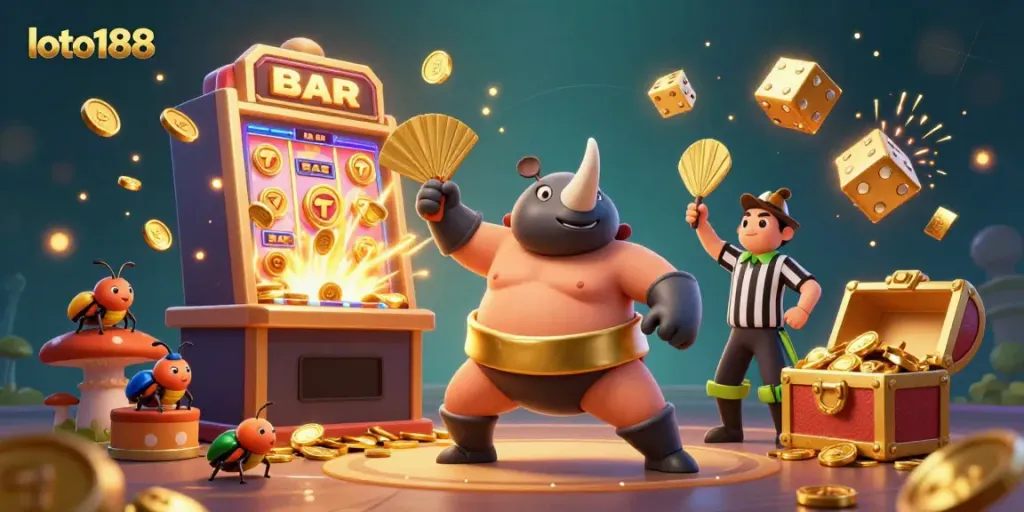 Experience the thrill of loto188 with a dynamic casino scene featuring vibrant characters and exciting game elements.