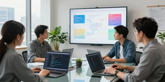 Engineers collaborating on AI infrastructure in a modern workspace with laptops and digital whiteboard.