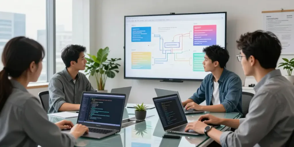 Engineers collaborating on AI infrastructure in a modern workspace with laptops and digital whiteboard.