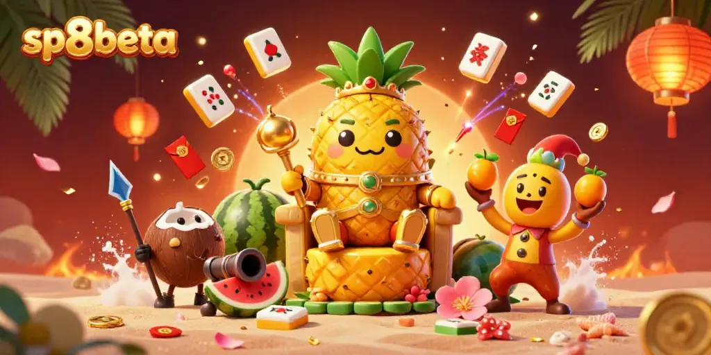 Spin big wins at sp8beta with a vibrant cartoon casino scene featuring golden pineapple king and festive gambling elements.