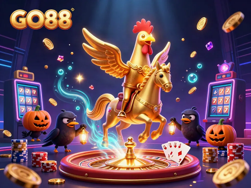 Experience the excitement of GO88 with a lively casino scene featuring golden characters and game elements.