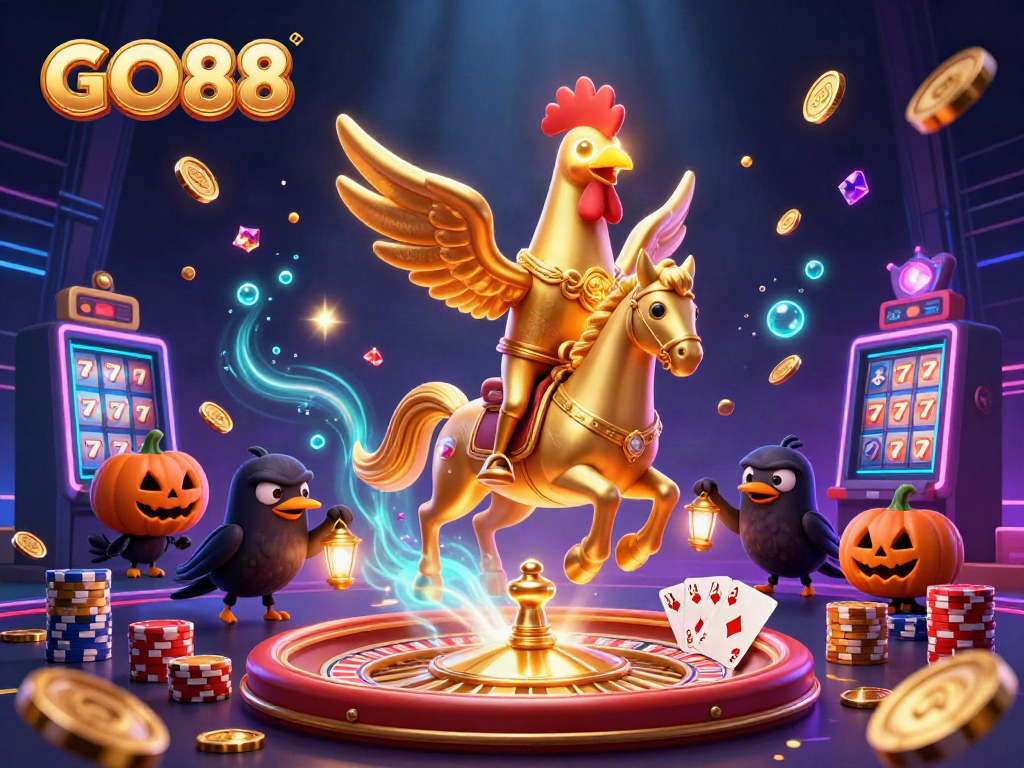 Experience the excitement of GO88 with a lively casino scene featuring golden characters and game elements.