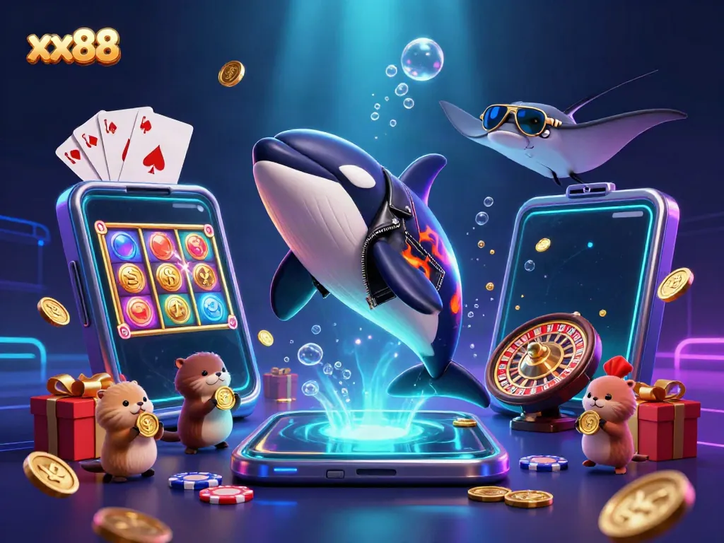 xx88 showcases an orca whale in a biker jacket and sea otters enjoying golden coins in a vibrant casino scene.