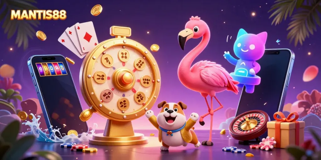 MANTIS88 delivers thrilling casino gameplay with vibrant visuals from a cartoon game show.