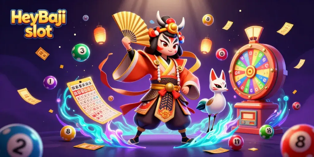 Engage with HeyBaji slot in a vibrant animated scene filled with colorful winnings and festive elements.