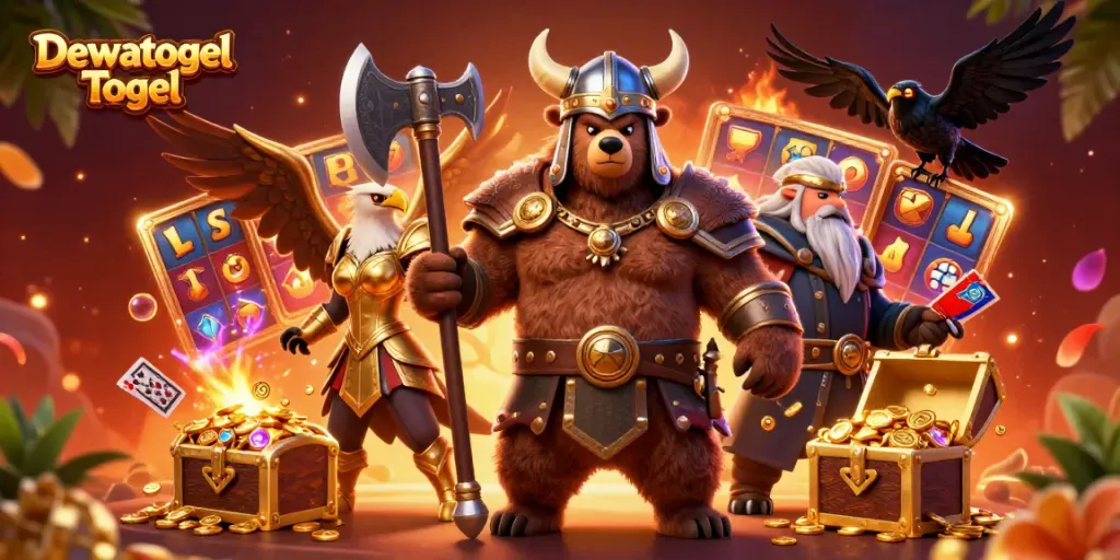 Dewatogel Togel showcases a dynamic 3D illustration featuring a Viking bear and Valkyrie eagle amid vibrant casino elements.