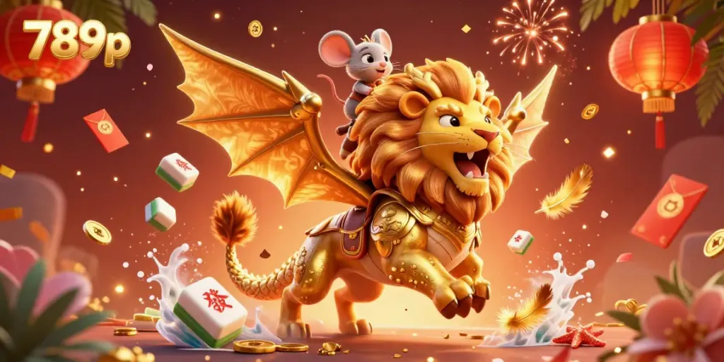 Join the thrilling adventure of 789p with a lion-headed chimera, embodying the spirit of winning in this vibrant casino-themed illustration.
