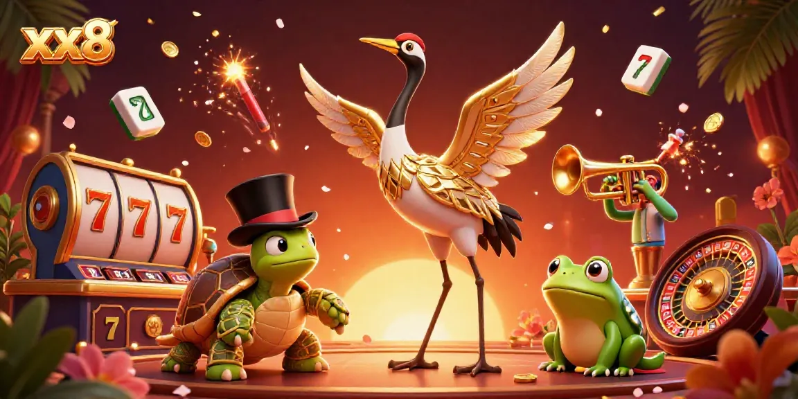 Join the fun at xx8 with vibrant characters in a lively casino scene, featuring games and shimmering decor.