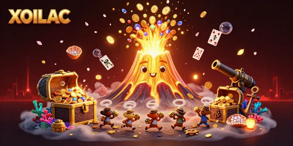 Experience the excitement of XOILAC with a vibrant treasure scene showcasing a golden volcano erupting coins and gems.