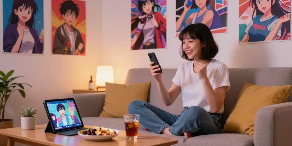 Profitez de Senpai Stream dans un cadre chaleureux avec des posters d'anime et des collations.
