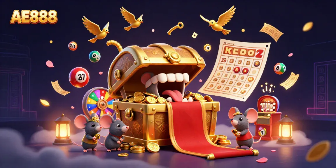 Engaging scene of AE888's cartoon treasure chest attracting adventurers with dynamic lottery elements.